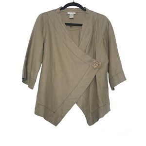 Soft Surroundings Linen Tan One Button 3/4 Sleeve Wrap Blazer Womens Sz XS Boho